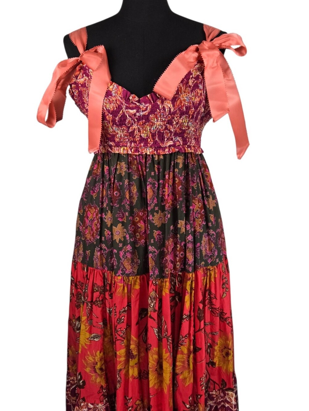 Free People Bluebell Maxi Dress  Magenta Combo Floral Boho Smocked Pockets Sz S - Picture 10 of 16